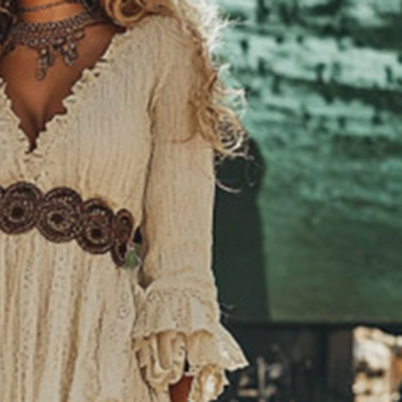 Women’s Deep V-Neck Lace Trim Retro Midi Dress – Solid Color Asymmetrical Hem Long Sleeve Dress