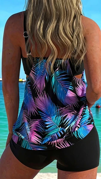 Women’s Tropical Coconut Tree Print Tankini Set – 2-Piece Comfortable Beach Swimsuit