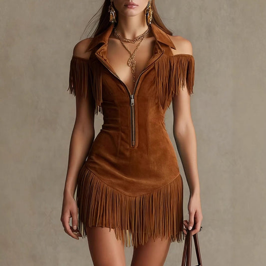 Women’s Retro Suede Tassel Off-Shoulder Dress – Trendy Elegant Party Outfit
