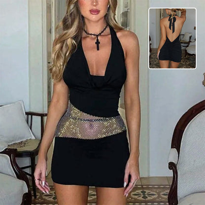 Women’s Sequin Mesh Halter Mini Dress – Sexy Slim Fit Deep U-Neck Party Short Dress