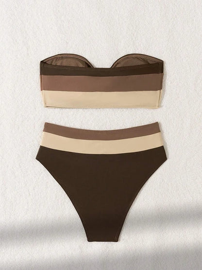Women’s Coffee Color Strapless Bikini Set – 2-Piece Quick Dry Fashion Swimsuit