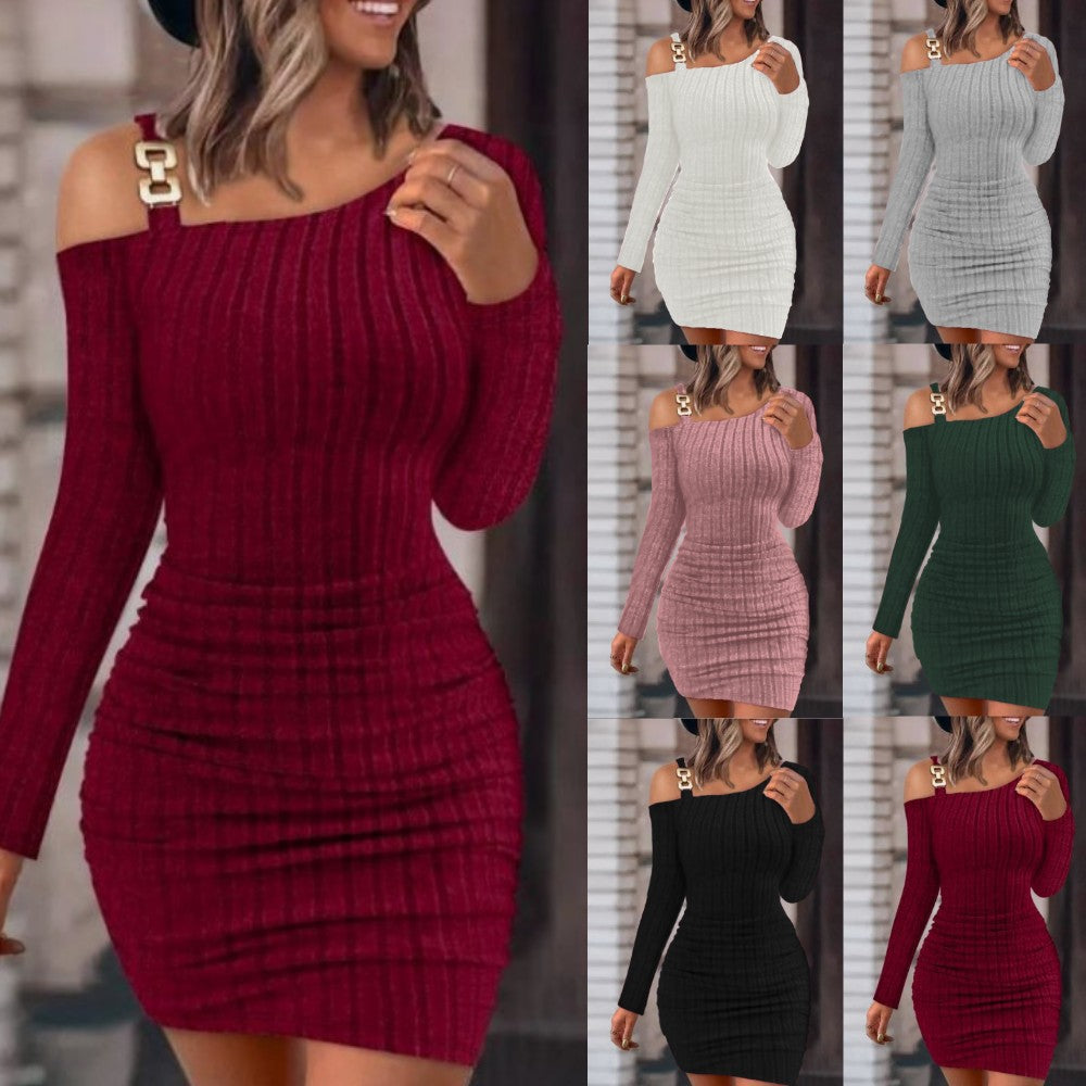 Women’s Solid Color Long Sleeve Bodycon Dress – Metal Buckle Shoulder Sexy Skinny Sheath Outfit