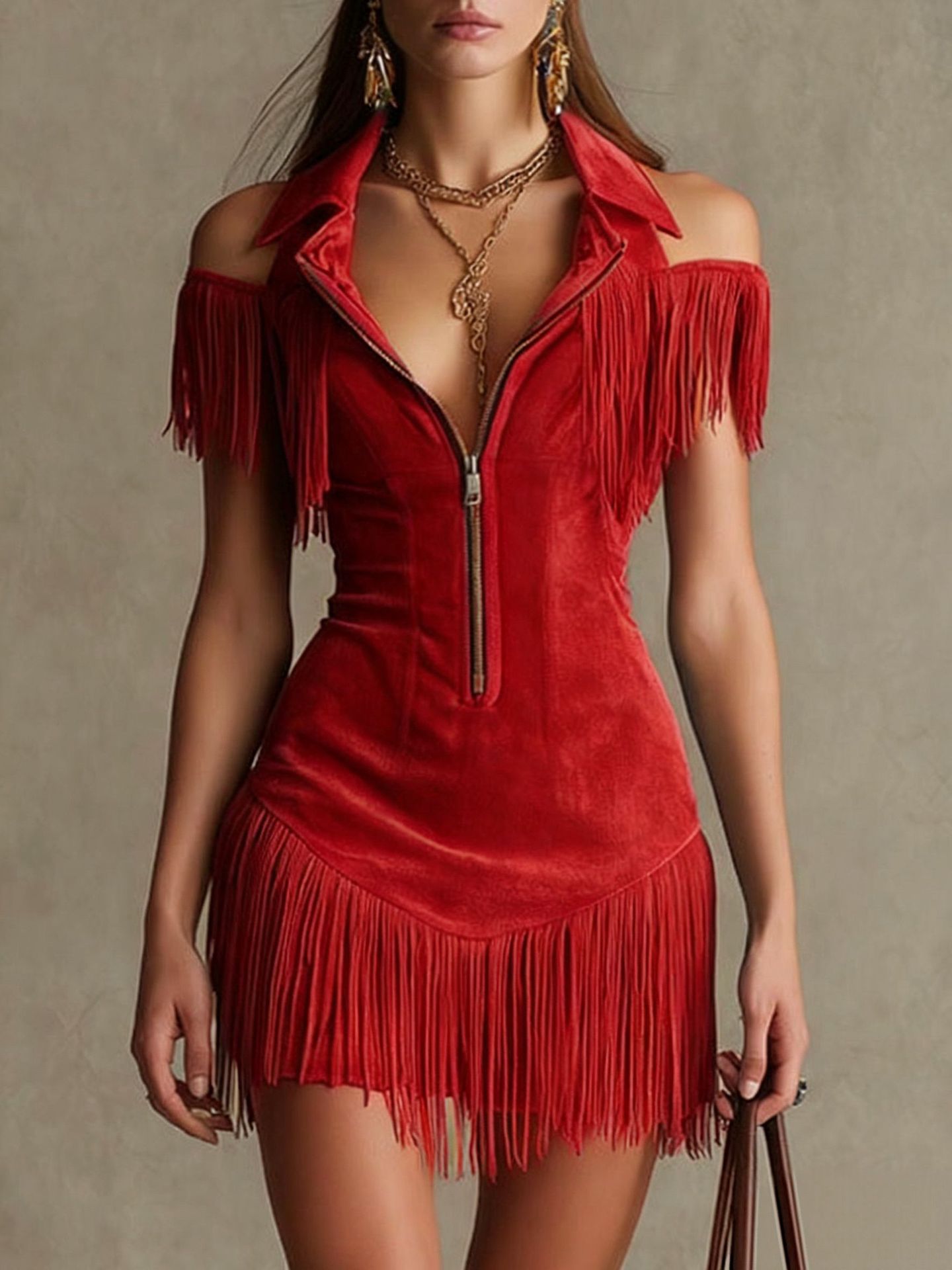 Women’s Retro Suede Tassel Off-Shoulder Dress – Trendy Elegant Party Outfit