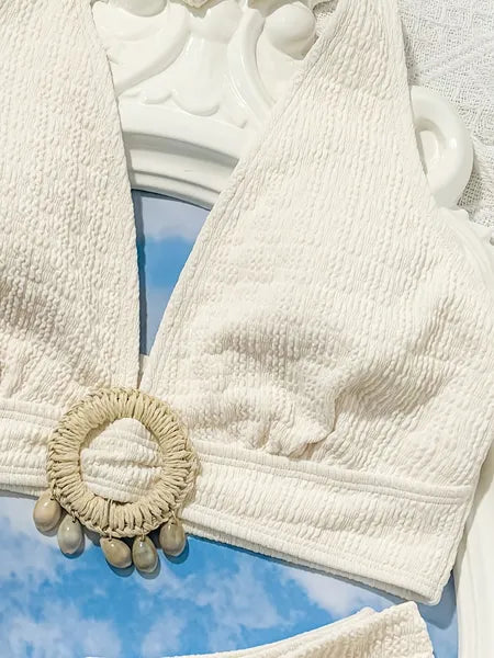 Women’s White Split Bikini Swimwear – Elegant Shell Embellished Sexy Beach Set