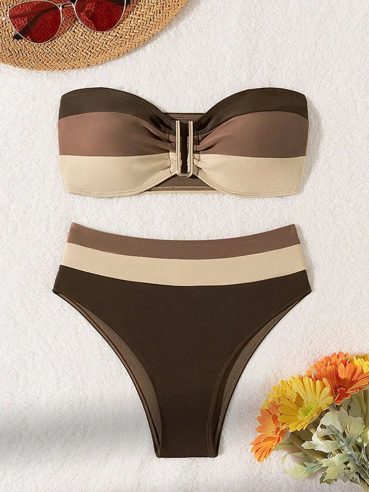 Women’s Coffee Color Strapless Bikini Set – 2-Piece Quick Dry Fashion Swimsuit