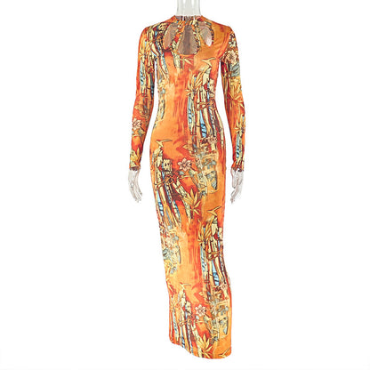 Women’s Round Neck Long Sleeve Retro Dress – Elegant Trendy Casual Outfit