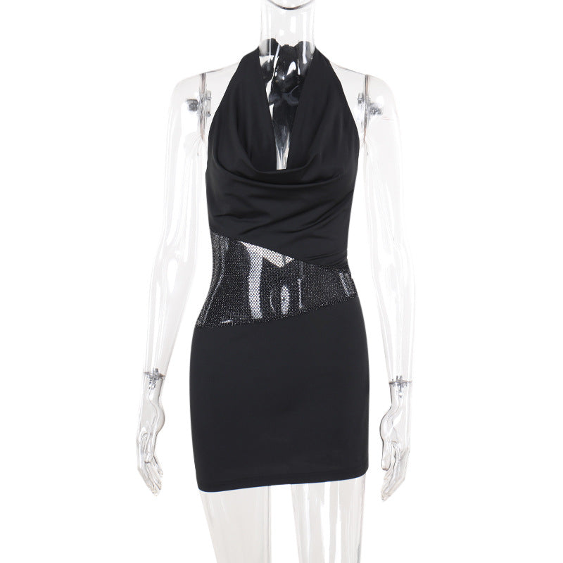 Women’s Sequin Mesh Halter Mini Dress – Sexy Slim Fit Deep U-Neck Party Short Dress