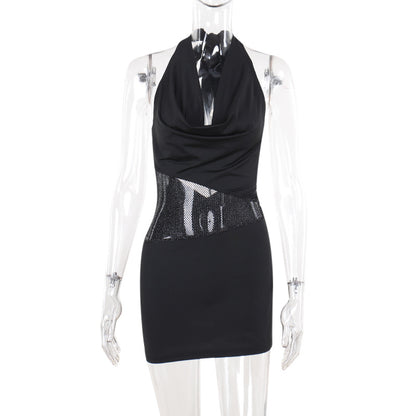 Women’s Sequin Mesh Halter Mini Dress – Sexy Slim Fit Deep U-Neck Party Short Dress