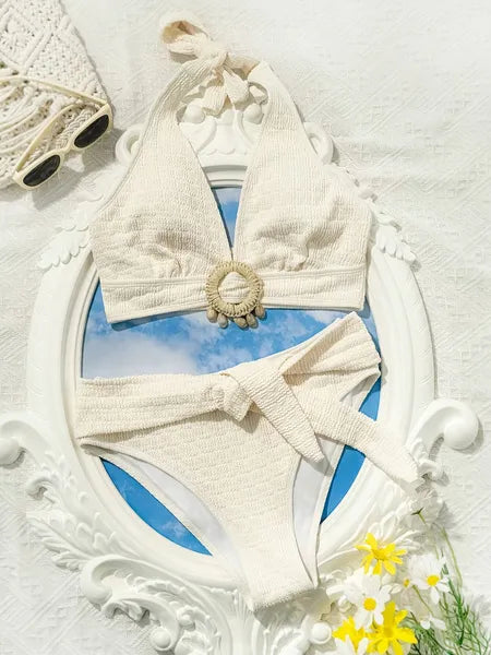 Women’s White Split Bikini Swimwear – Elegant Shell Embellished Sexy Beach Set