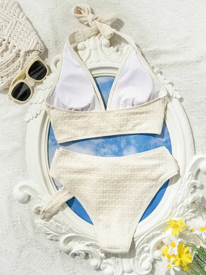 Women’s White Split Bikini Swimwear – Elegant Shell Embellished Sexy Beach Set