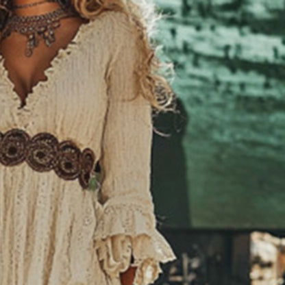 Women’s Deep V-Neck Lace Trim Retro Midi Dress – Solid Color Asymmetrical Hem Long Sleeve Dress