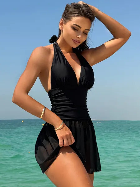 Women’s Black One-Piece Swimsuit – Backless Elegant Quick Dry Beach Swimwear