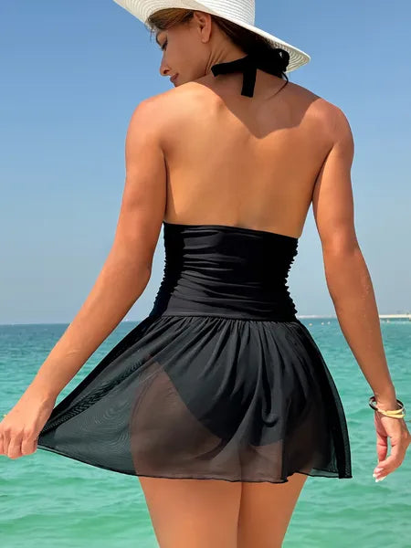 Women’s Black One-Piece Swimsuit – Backless Elegant Quick Dry Beach Swimwear