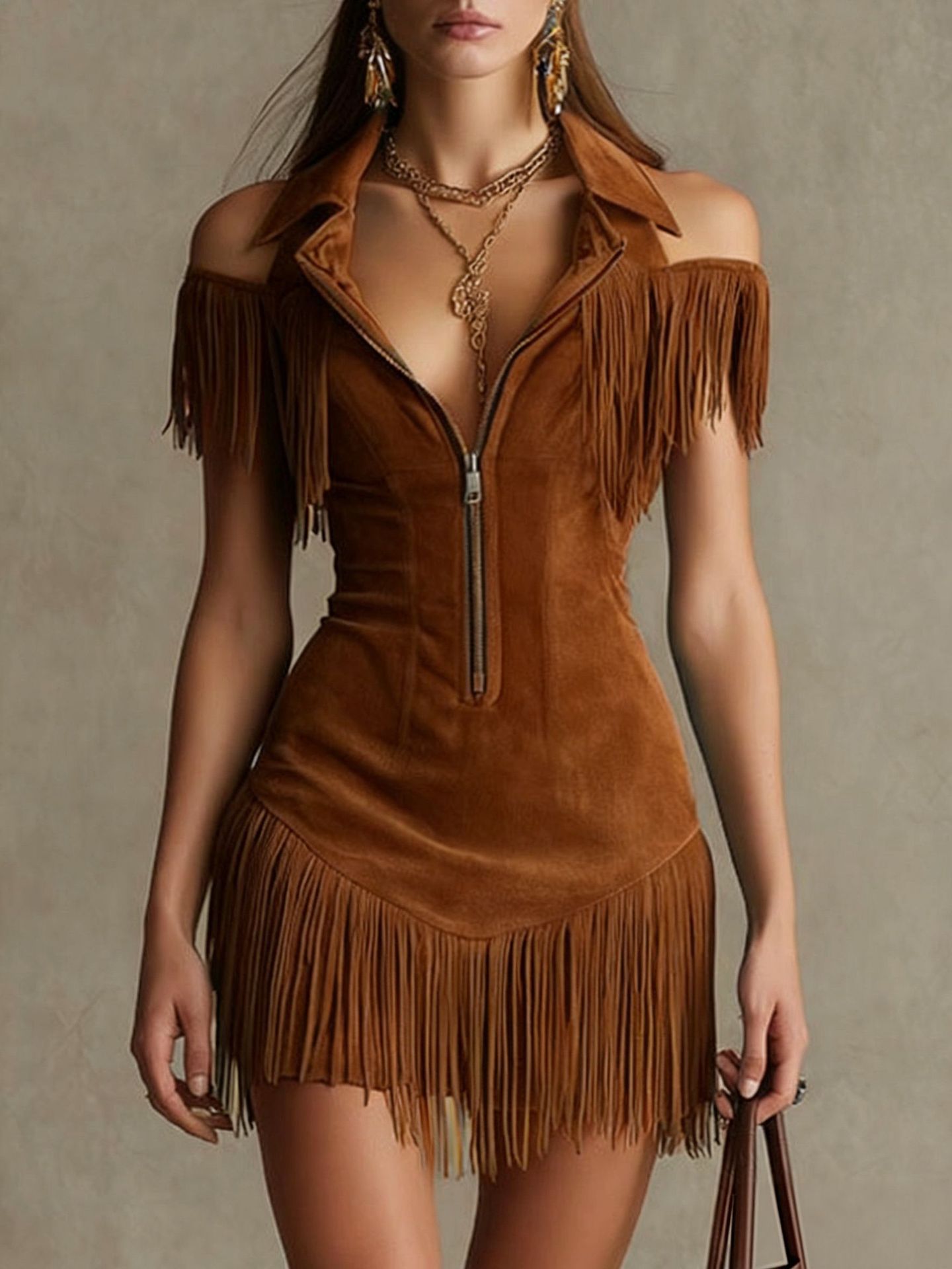 Women’s Retro Suede Tassel Off-Shoulder Dress – Trendy Elegant Party Outfit