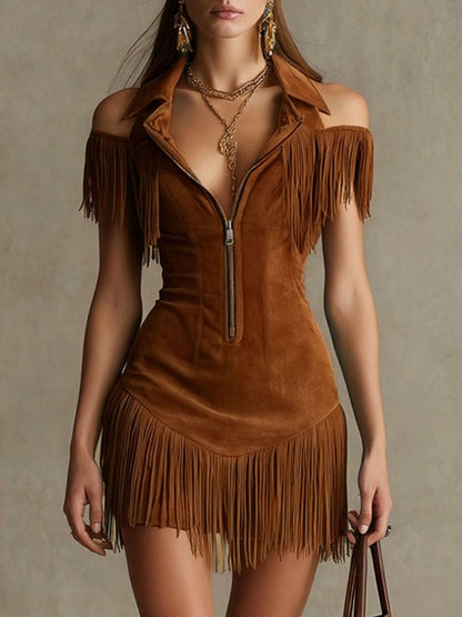 Women’s Retro Suede Tassel Off-Shoulder Dress – Trendy Elegant Party Outfit