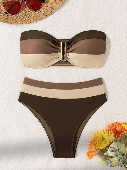 Women’s Coffee Color Strapless Bikini Set – 2-Piece Quick Dry Fashion Swimsuit