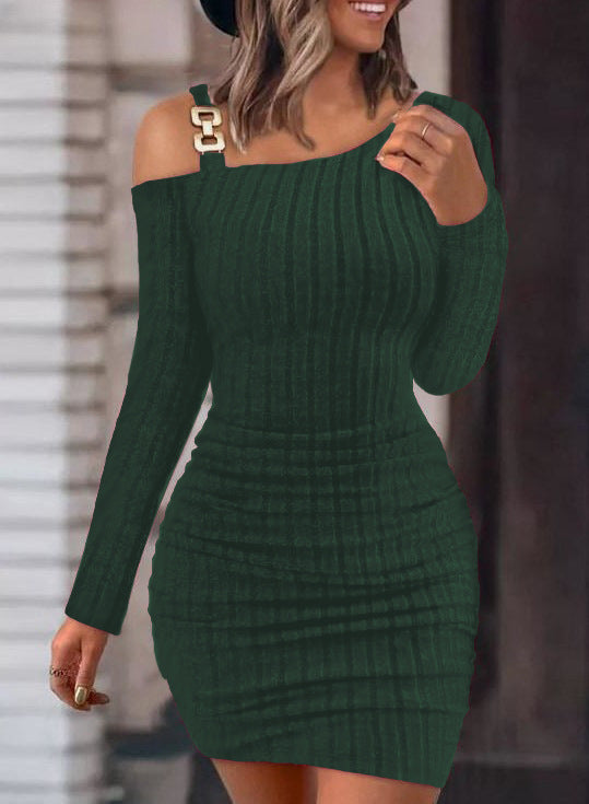 Women’s Solid Color Long Sleeve Bodycon Dress – Metal Buckle Shoulder Sexy Skinny Sheath Outfit