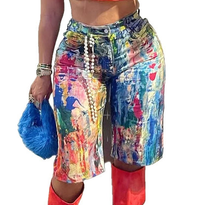 Women’s Fashion Casual Painted Shorts – Straight Leg Trendy Summer Shorts