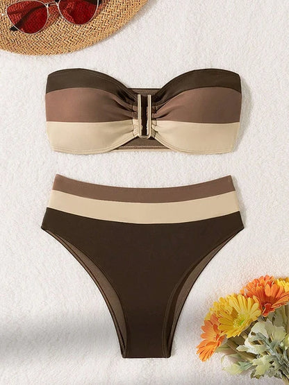Women’s Coffee Color Strapless Bikini Set – 2-Piece Quick Dry Fashion Swimsuit