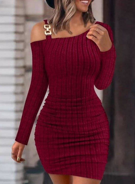 Women’s Solid Color Long Sleeve Bodycon Dress – Metal Buckle Shoulder Sexy Skinny Sheath Outfit